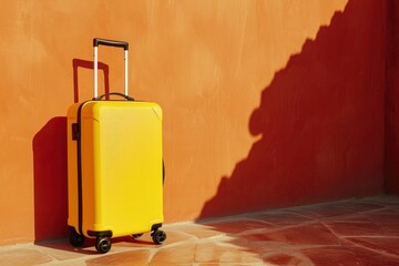 a yellow suitcase is leaning against a red wall