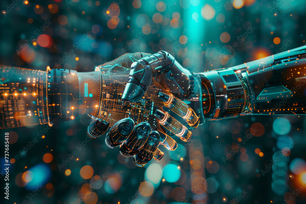 Poster robot shaking hands, concept of technological innovation, cooperation between robots and future arti