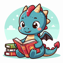 Cute blue dragon studying while reading a book. Cartoon character mascot for children book, sticker, doodle. Dragon mascot template reading a book. 