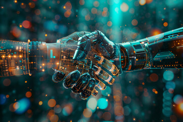 robot shaking hands, concept of technological innovation, cooperation between robots and future artificial intelligence - obrazy, fototapety, plakaty