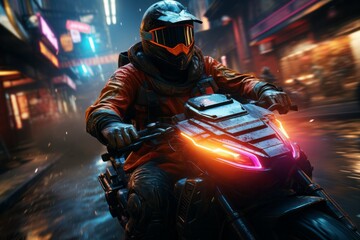 Fototapeta na wymiar a man is riding a motorcycle down a city street at night