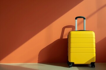 a yellow suitcase is sitting in front of an orange wall