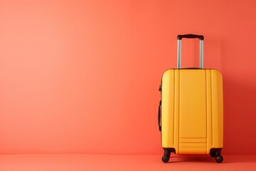 a yellow suitcase is sitting in front of a red wall