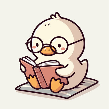 recommend clip art: Cute baby duck studying while reading a book wearing eyeglass. Cartoon character mascot for children book, sticker, doodle. Baby duck reading a book mascot template. 