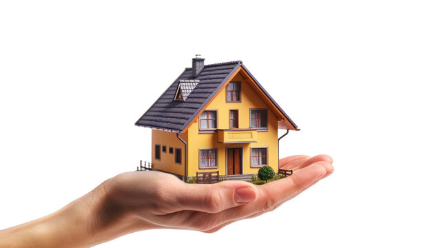 hand holding a miniature of a simple house, on transparency background PNG