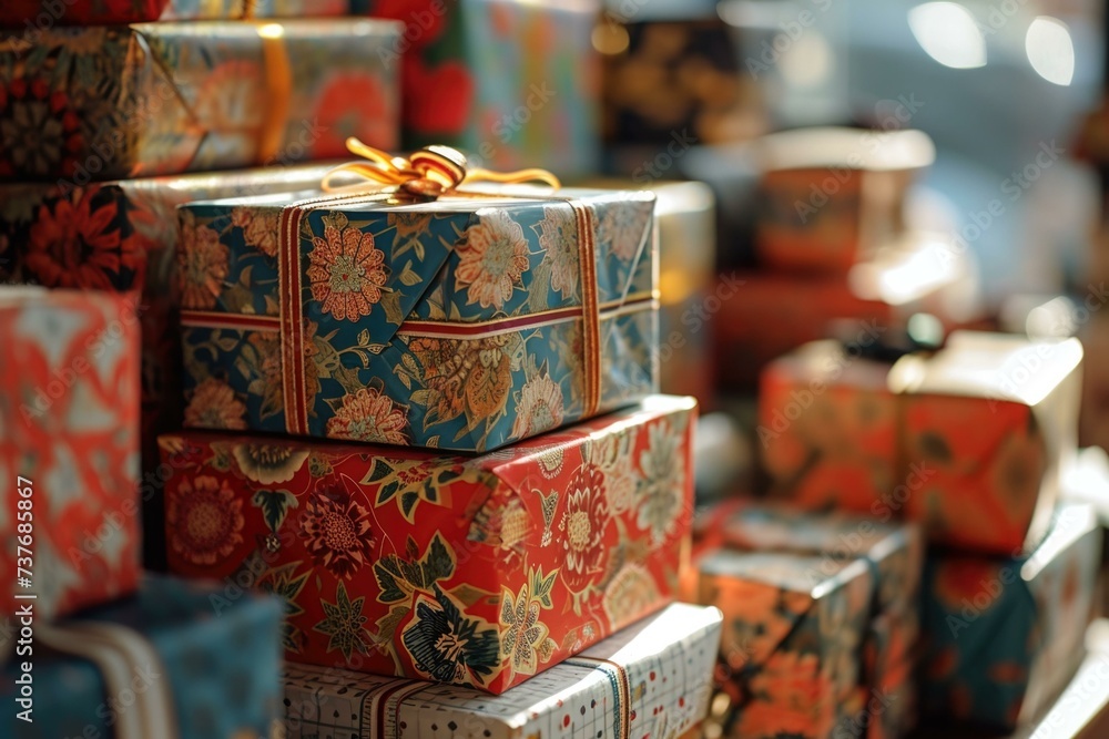 Poster many colorful gift boxes are stacked on top of each other. generative ai.