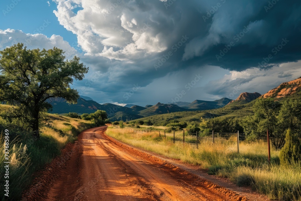 Poster a dirt road in the middle of a field with storm clouds in the background. generative ai.