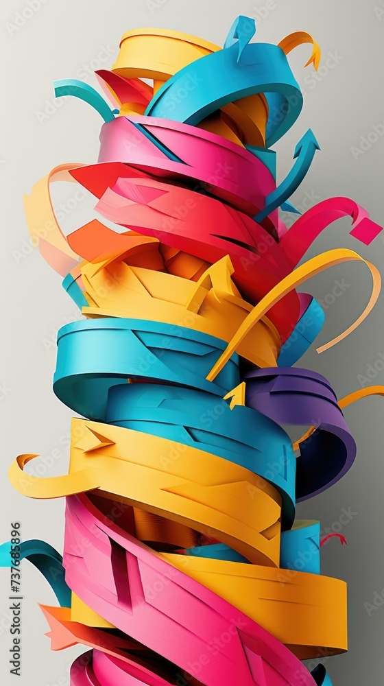 Poster a stack of colorful paper ribbons on a gray background. generative ai.