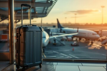 Fototapeta premium A travel suitcase rests beside a window overlooking the sky at an airport