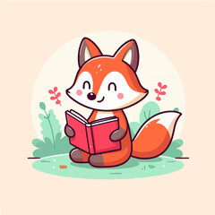 Cute happy fox studying while reading a book. Cartoon character mascot for children book, sticker, doodle. Fox mascot template reading a book. 