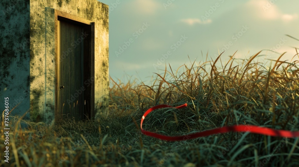 Poster a door in a field with a red ribbon. generative ai.
