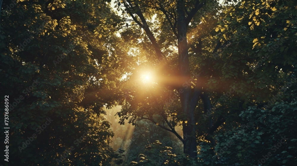 Poster the sun shines through the trees in a forest. generative ai.