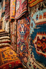 Obraz premium A large selection of colorful rugs on display. Generative AI.