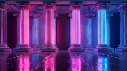 Neon Roman columns. Modern glowing pillars.