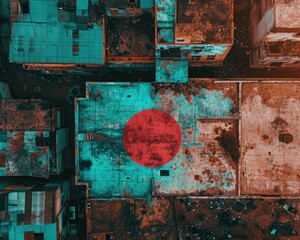 An aerial view of a red and blue flag on top of a building. Generative AI.