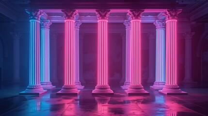 Neon Roman columns. Modern glowing pillars.