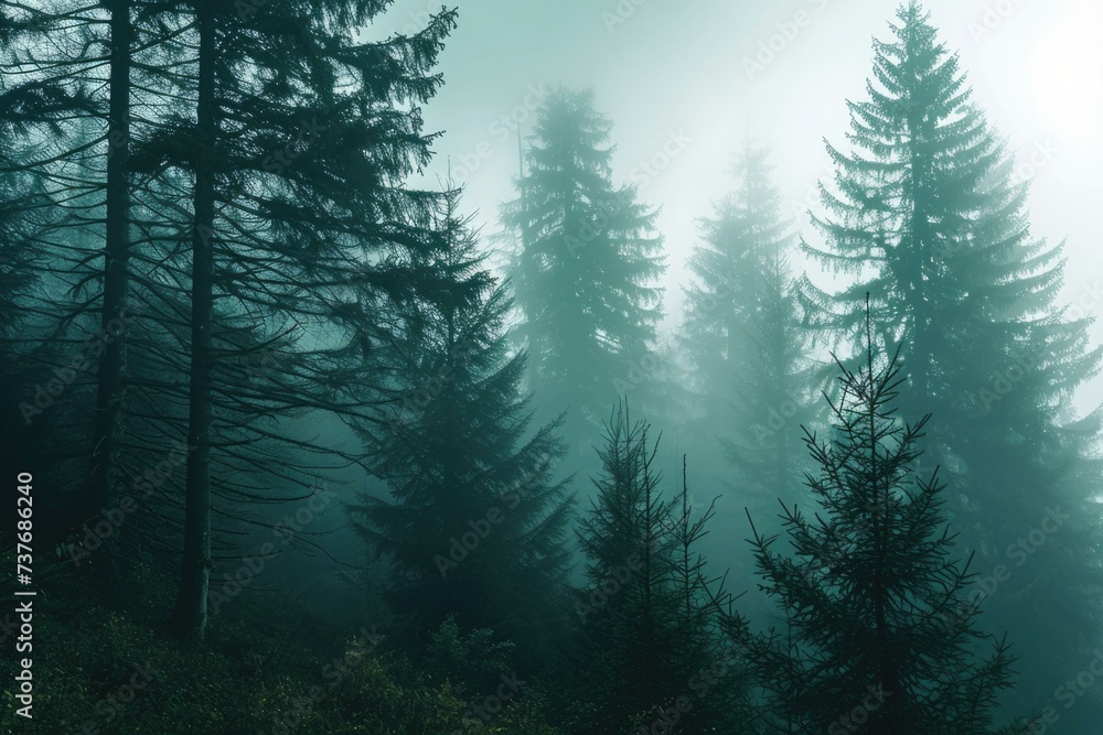 Poster foggy forest with trees and fog. generative ai.