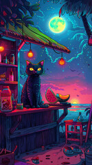 Neon illustration of a cat serving watermelon ice cream at a beachside stand