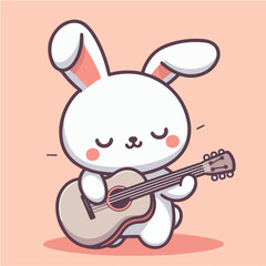 Cute bunny playing guitar. Cartoon character mascot for children book, sticker, doodle. Bunny mascot template playing music.