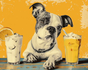 Retro style dog cafe advertisement featuring lemonade and affogato specials