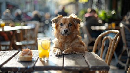 Sunny terrace of a dog cafe dogs at tables with lemonade and affogato treats