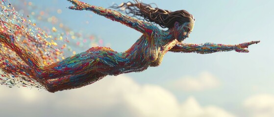 A woman flying through the air with colorful paint. Generative AI. - obrazy, fototapety, plakaty