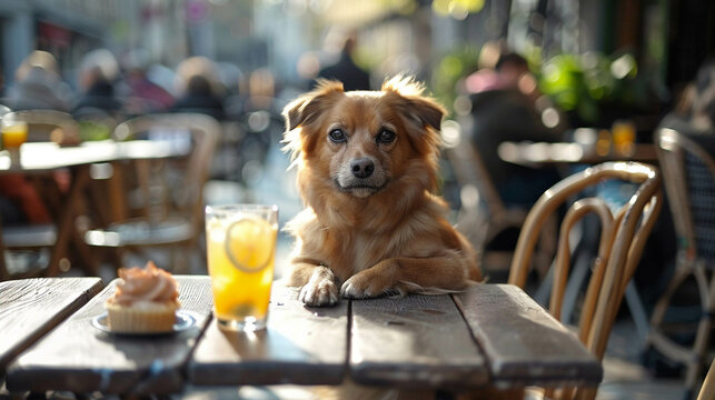 Sunny terrace of a dog cafe dogs at tables with lemonade and affogato treats