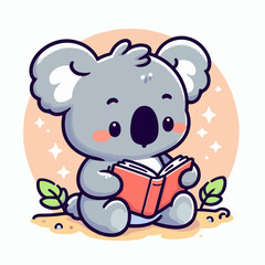 Cute baby koala bear studying while reading a book. Cartoon character mascot for children book, sticker, doodle. Koala bear reading a book mascot template. 