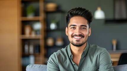 Headshot portrait of attractive confident indian Hispanic man with toothy smile looking at camera at modern living room. copy space for text.