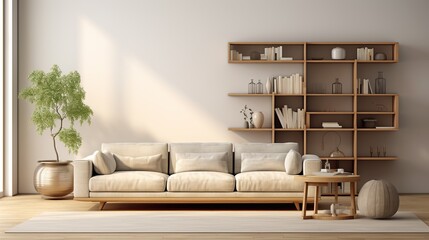 Interior of light living room with sofa and shelf units. copy space for text.