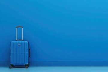 a blue suitcase is sitting in front of a blue wall - 737686498