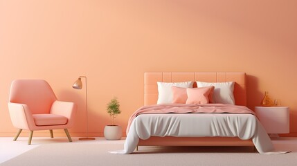 Peach fuzz room ,minimal luxury bed room interior ,king size bed with peach armchair ,peach color paint wall. color of the year 2024. copy space for text.