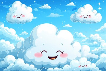 Obraz premium Cartoon cute doodles of fluffy clouds with smiling faces, floating in a clear blue sky on a perfect day, Generative AI