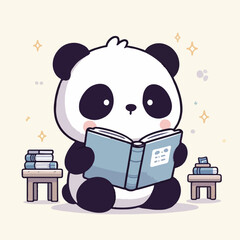 Cute little panda studying while reading a book. Cartoon character mascot for children book, sticker, doodle. Panda reading a book mascot template. 