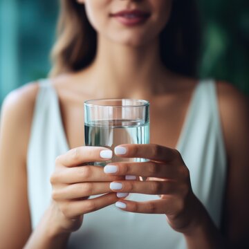 A Health concept. Horizontal banner image, on foreground caucasian female hand holds glass of clear water give to camera smiling selective close up focus.