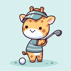 Cute little giraffe playing golf wearing hat. Cartoon character mascot for children book, sticker, doodle. Giraffe mascot template playing golf. 