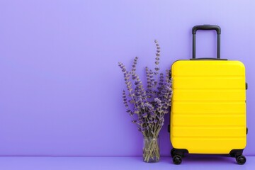 Yellow suitcase next to plant with lavender flowers on purple background