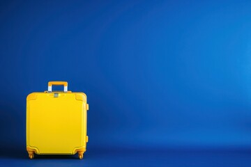 a yellow suitcase is sitting on a blue surface - 737687240