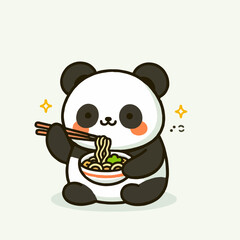 Cute little panda eating ramen noodles. Cartoon character mascot for children book, sticker, doodle. Panda mascot template eating noodles. 