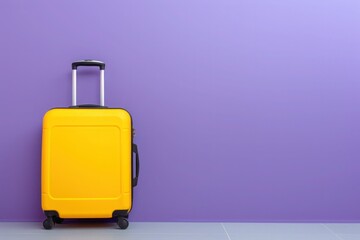 A rectangular yellow suitcase placed in front of a vibrant purple wall