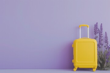 a yellow suitcase is sitting in front of a purple wall