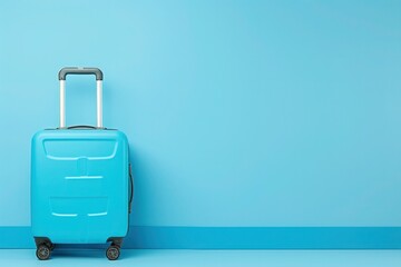 a blue suitcase is sitting in front of a blue wall - 737687474