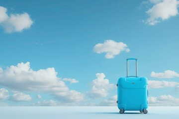 An electric blue suitcase sits under a azure sky with fluffy cumulus clouds