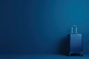 a blue suitcase is sitting in front of a blue wall