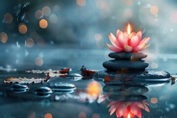 zen stones with candle and lotus flower,copy space.