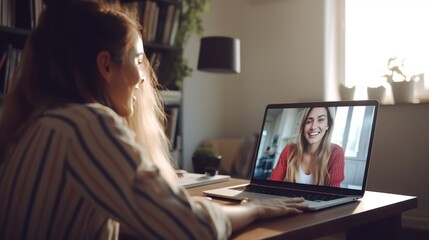 A Headshot screenshot of a smiling young woman sitting at home video chatting with friends or relatives. Happy woman talking online using webcam meeting on computer.