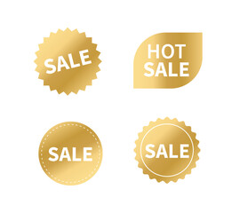 Set of sale tags. Ribbon sale banners. Gold ribbon price and discount labels. Gold starburst stickers. Vector illustration
