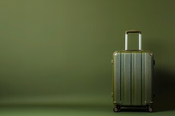 a green suitcase is sitting in front of a green wall - 737688648