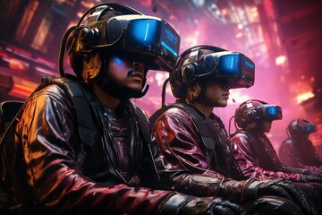 a group of people wearing virtual reality headsets are playing a video game