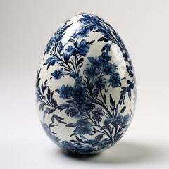 Elegant Ceramic Easter Egg with Blue Floral Pattern

